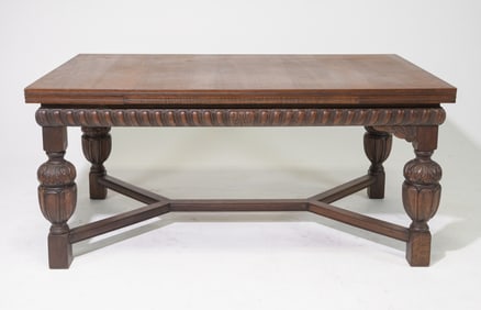 Large Carved Oak Draw Leaf Dining Table