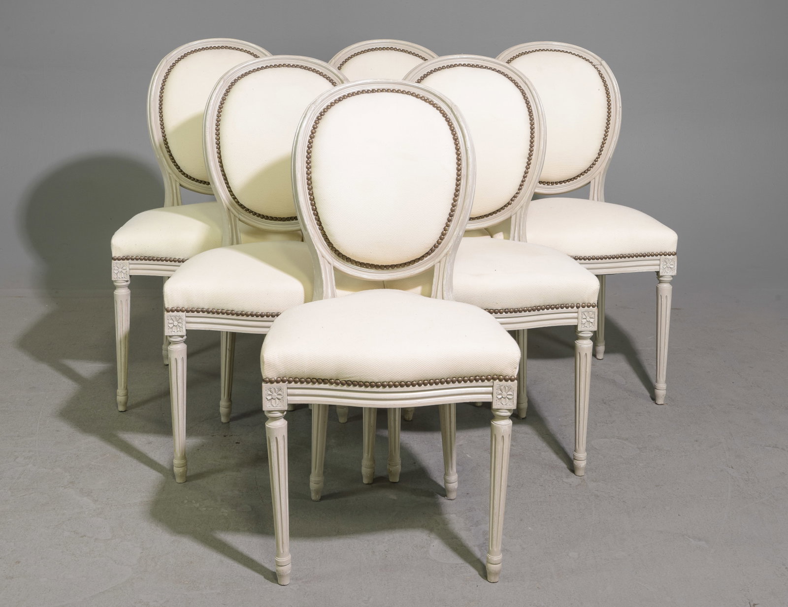 Set Of 6 Louis XVI Style Painted Dining Chairs: Set Of 6 French Louis XVI Style Painted Dining Chairs - 36.5 inches tall x 19 x 19, seat height is 18 inches