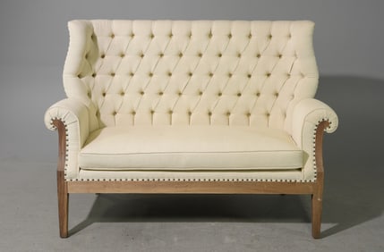 Coastal High Back Tufted Linen Settee / Sofa