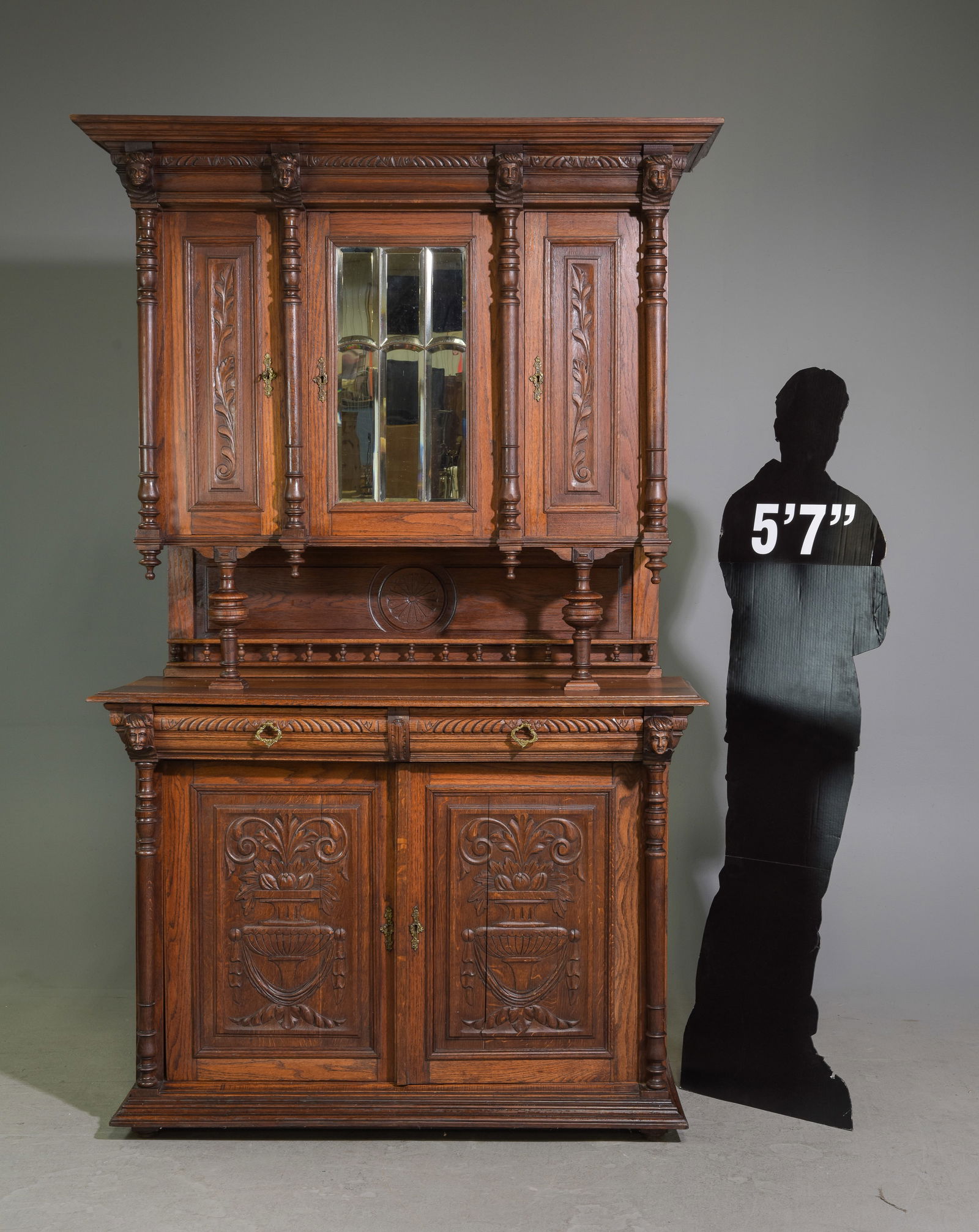 British Carved Oak Double Buffet With Beveled Mirror (1 of 11)