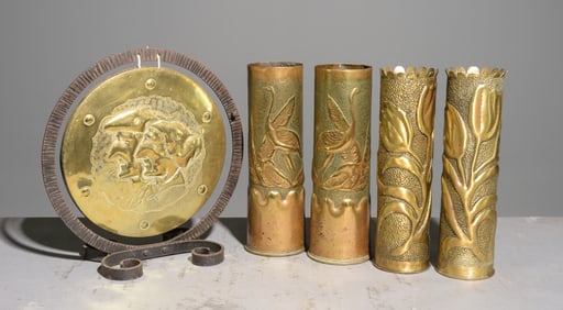 4 Brass Trench Art Vases & Copper Gong