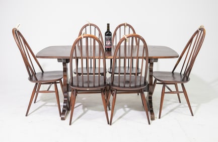Danish Oak Trestle Base Table & 6 Chairs