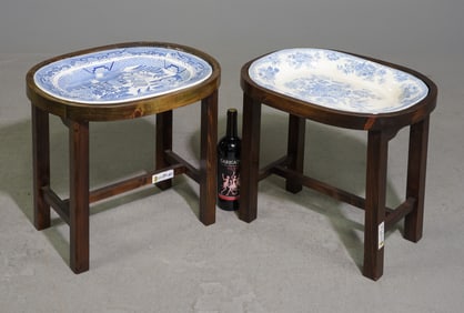 2 Large Blue & White Platters On Wooden Stand