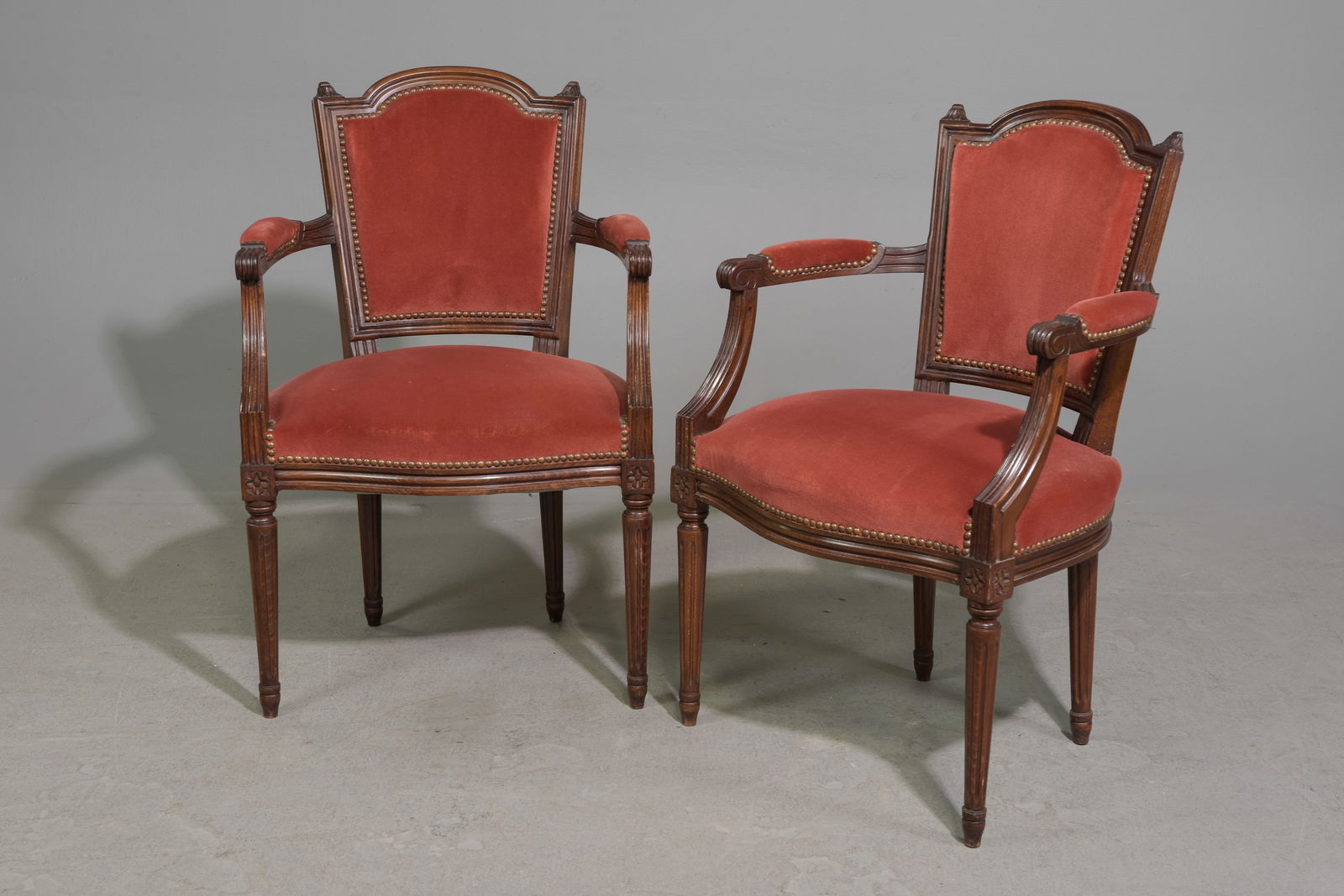 Pair Of Louis XVI Style Walnut Armchairs: Pair Of French Louis XVI Style Walnut Armchairs - 35 inches tall x 23 x 22, seat height is 18 inches