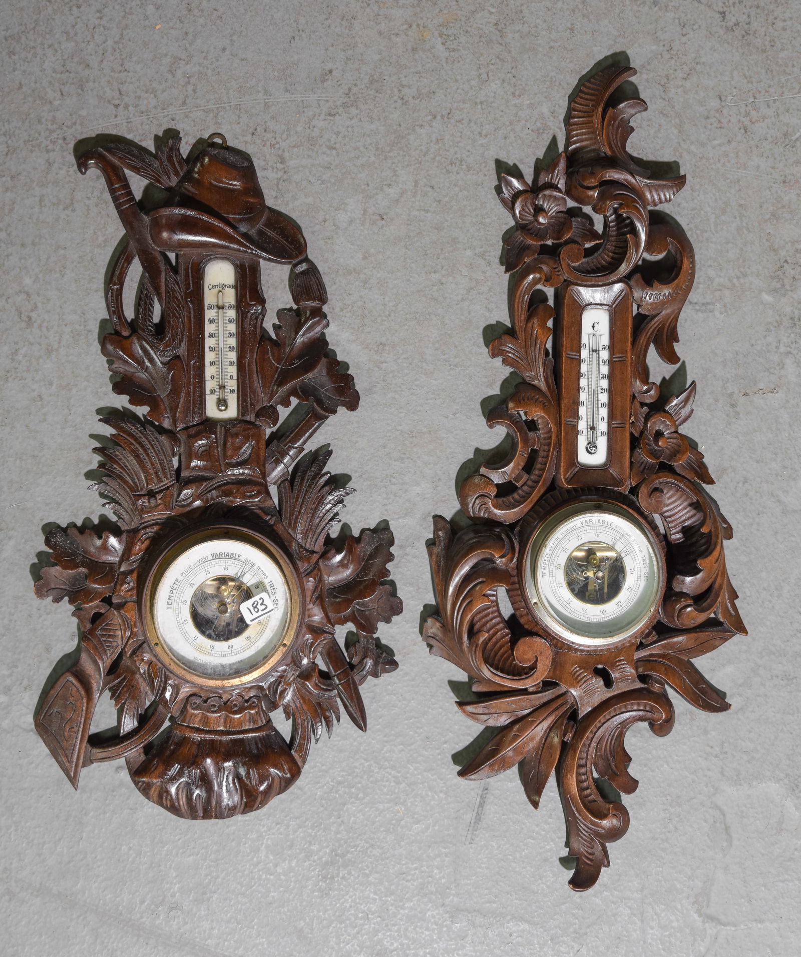 2 Black Forest Carved Oak Thermometers / Barometers (1 of 4)