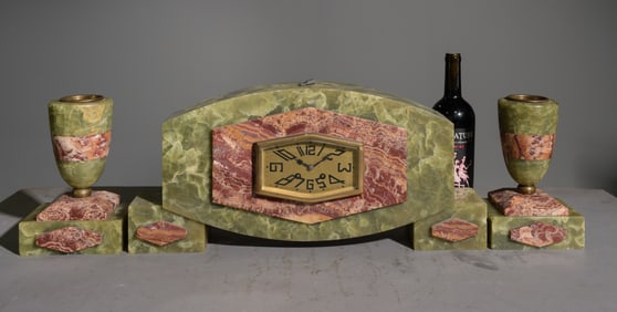 French Art Nouveau Style  Marble Clock with Garnitures