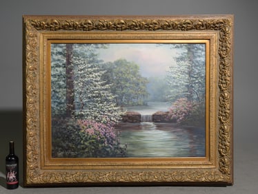 Large Gold Framed Floral Landscape - Artist Signed