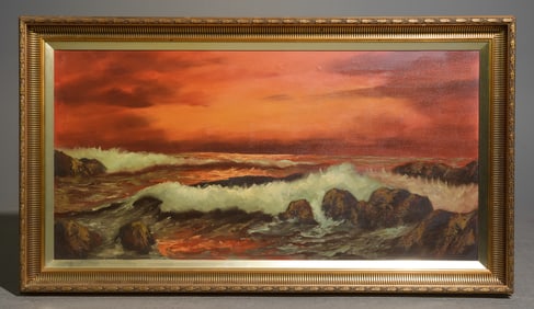 Gold Framed Beach Sunset Oil On Canvas