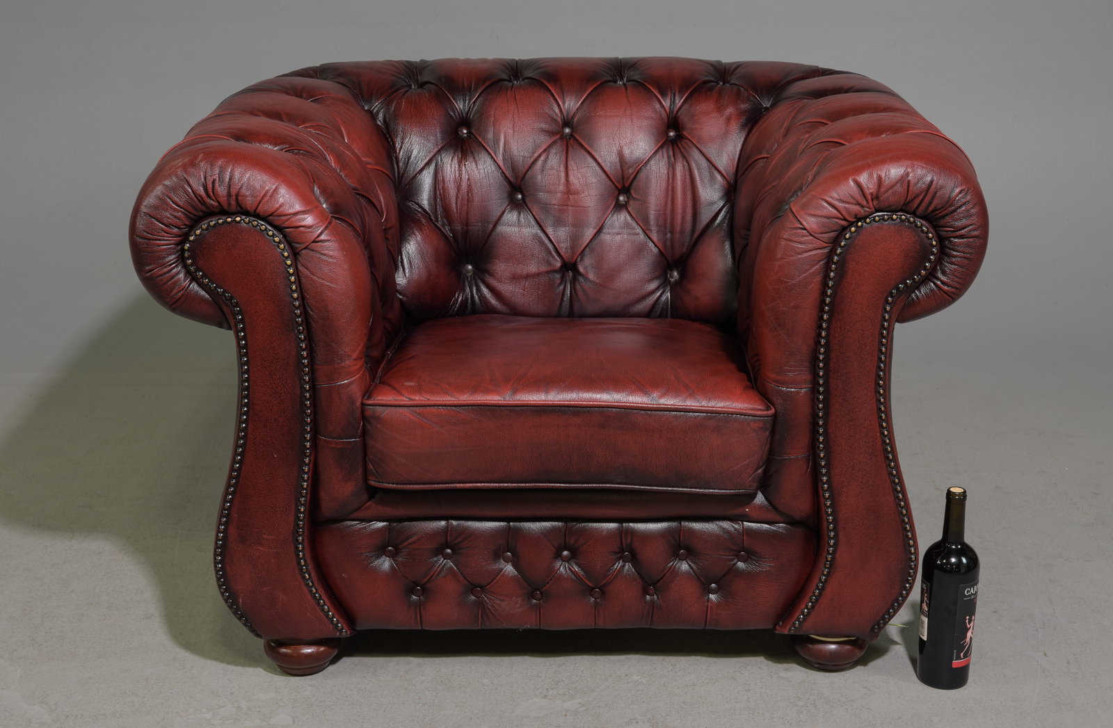 Danish Red Leather Chesterfield Club Chair: Danish Red Leather Button Tufted Chesterfield Club Chair with Scrolled Arms - 31 in tall x 46 x 36, Seat height is 18 inches