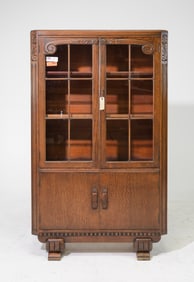 British Carved Oak Double Door Bookcase