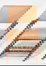 Danish Oak Barley Twist Leather Arm Chair