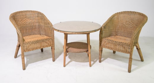 Bamboo / Wicker Round Glass Top Table & 2 Chairs