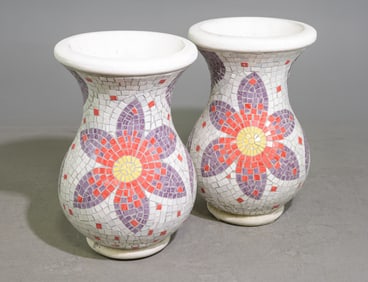 Pair Of Floral Mosaic Tiled Planters / Garden Vases