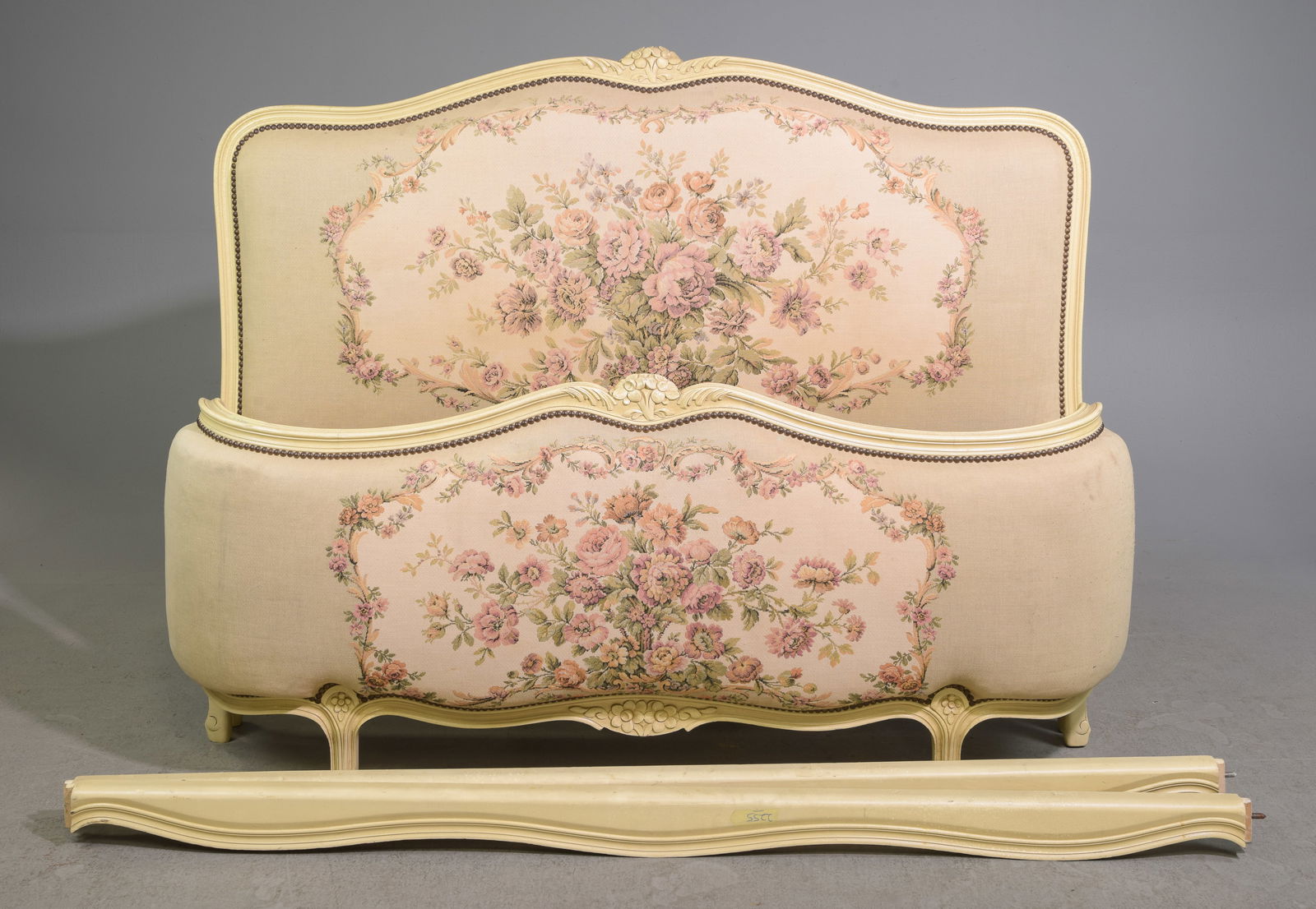 Louis XV Style Painted Upholstered Bed with Rails: French Louis XV Style Painted Upholstered Bed with Rails - Headboard is 47 in tall x 59 x 4, Rails are 69 inches long each - This bed is a European size which can usually be converted to an American s