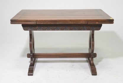 British Oak Trestle Base Draw Leaf Table c.1930's