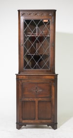 British Oak Leaded Glass Corner Cabinet c.1920's
