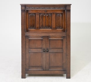 British Oak Linen Fold Drop Front Bar Cabinet