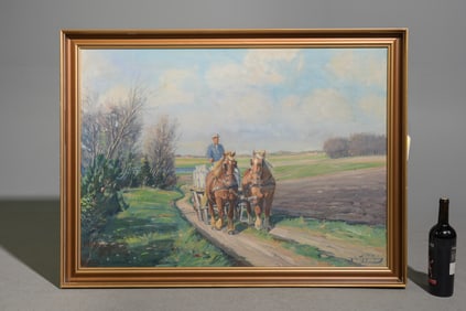 Johan M. Andersen Oil on Canvas - Horse Drawn Cart