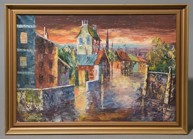 K. Jacobsen Framed Oil on Canvas - City Sunset