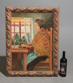 Framed Oil On Canvas - Old Lady Drinking Wine