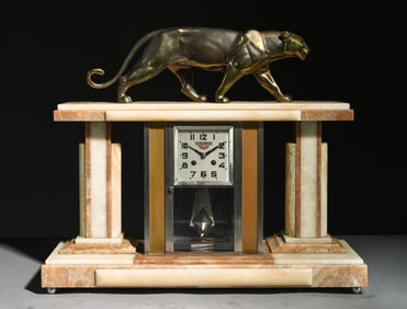 Art Deco Style Marble Clock with Panther
