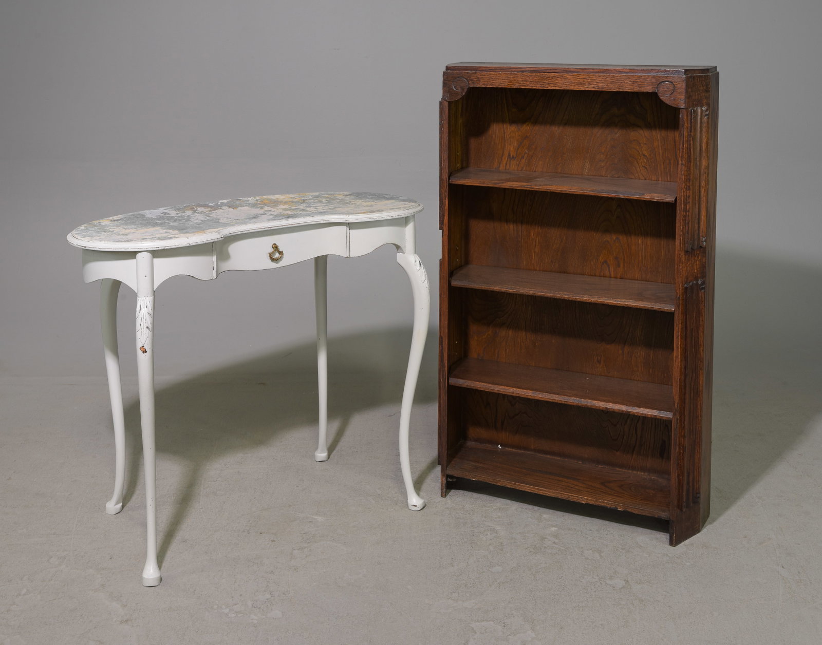 Jacobean Oak Bookcase And Painted Side Table: Jacobean Oak Bookcase And Painted Side Table - 44.5 inches tall x 27 x 8
