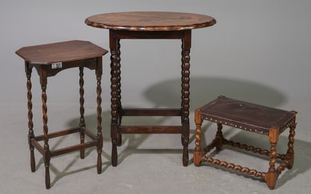 2 Oak Occasional Barley Twist Tables & Foot Stool