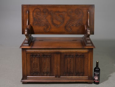 British Carved Oak Monks Bench