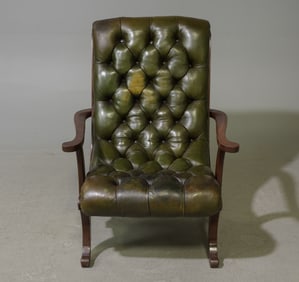British Mahogany Button Tufted Green Leather Chair
