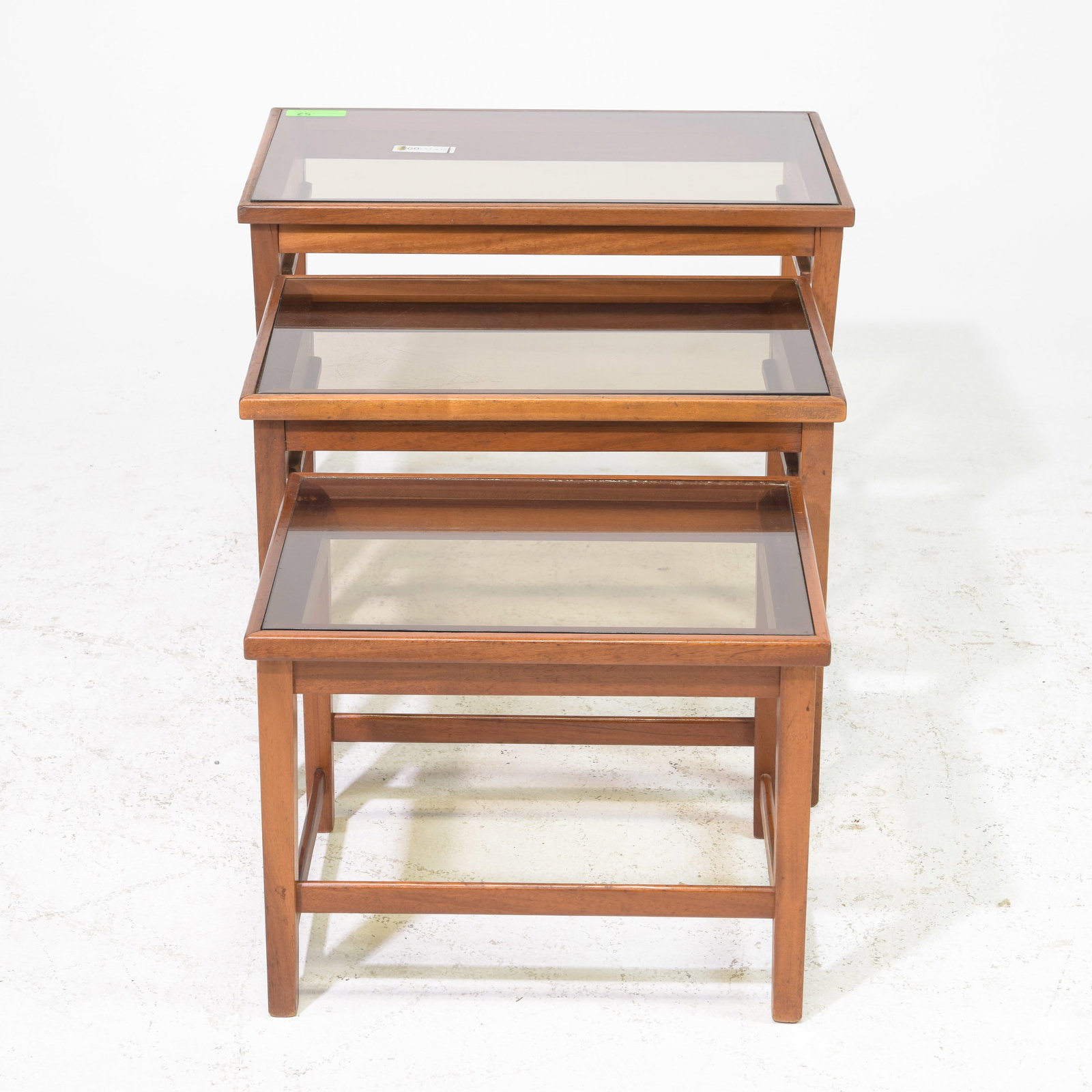 Mid Century Modern Glass Top Nest of 3 Tables: Danish Modern Style Glass Top Nest of Three Tables - 19 in tall x 24.5 x 16, 16 in tall x 21.5 x 15, 14 in tall x 18 x 14