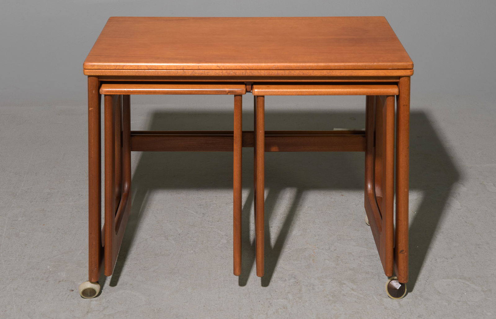 Mid Century Triform Flip Top Nest by McIntosh: Danish Modern Style Teak Triform Flip Top Nest by McIntosh - 24 in tall x 30 x 16