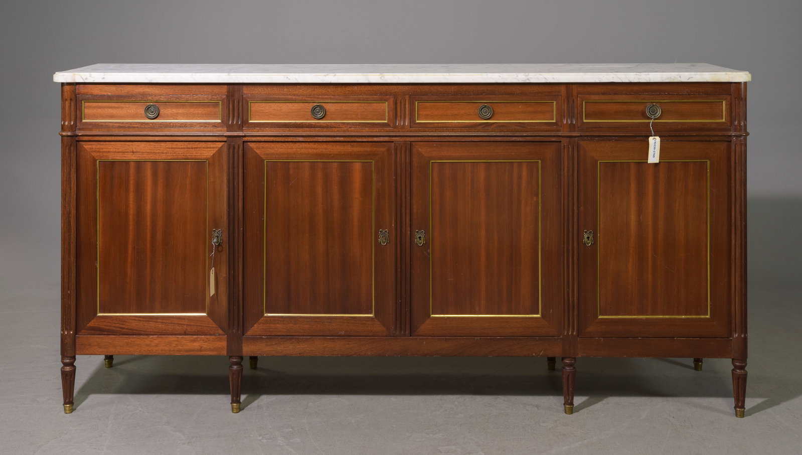 Louis XVI Style White Marble Top Sideboard #2: French Louis XVI Style White Marble Top Mahogany Sideboard / Enfilade - 41.5 in tall x 84 x 18.5 - This is 7 feet long