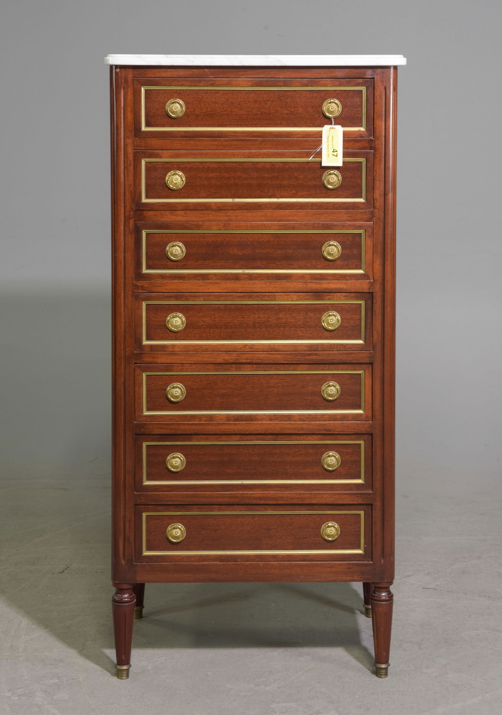 Louis XVI Style Marble Top Semaniere / 7 Drawer Chest: French Louis XVI Style Marble Top Mahogany Semaniere / 7 Drawer Chest c.1940's-50's - 50 in tall x 23.75 x 15.25