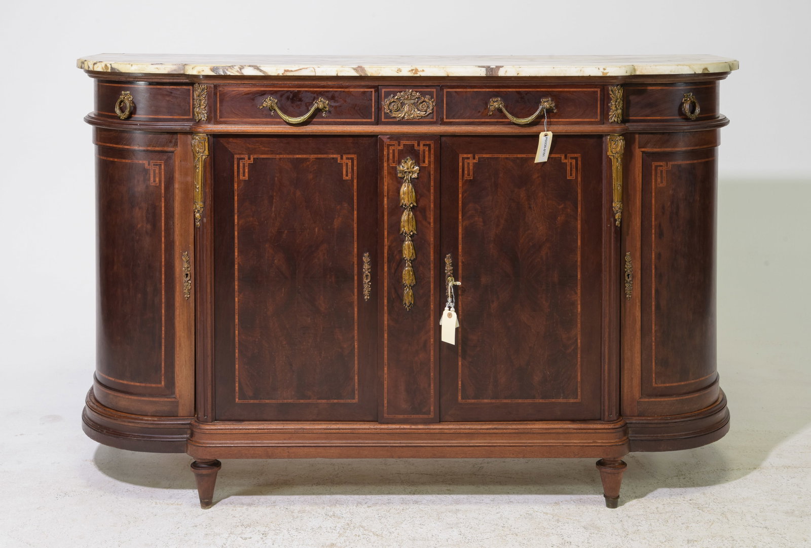 Louis XVI Style Marble Top Curved Sideboard: French Louis XVI Style Marble Top Mahogany Curved Sideboard / Enfilade with Gilded Ormolu - 43.5 in tall x 67.5 x 21.5