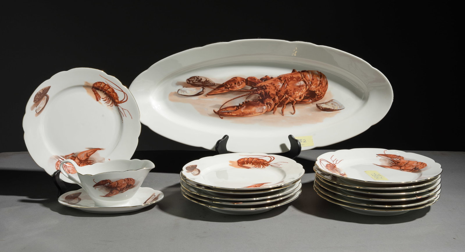 Bavaria 14pc Lobster Plat Set - Platter, 12 Plates Etc.: Bavaria 14pc Lobster Plat Set - Platter, 12 Plates & Sauce Boat - Platter is 2.25 in tall x 23 x 10, Plates are 1.25 in tall x 9.5 inch diameter and the sauce boat is 3.5 in tall x 8 x 5