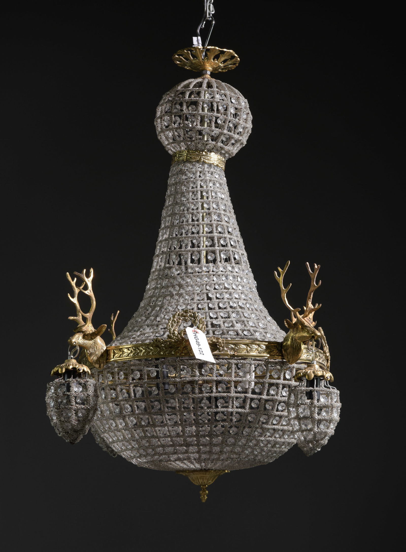 Empire Style Pair of Crystal & Stag Head Chandeliers: Empire Style Pair of Crystal & Gilded Stag Head Chandeliers - 39 in tall x 29 inch diameter each