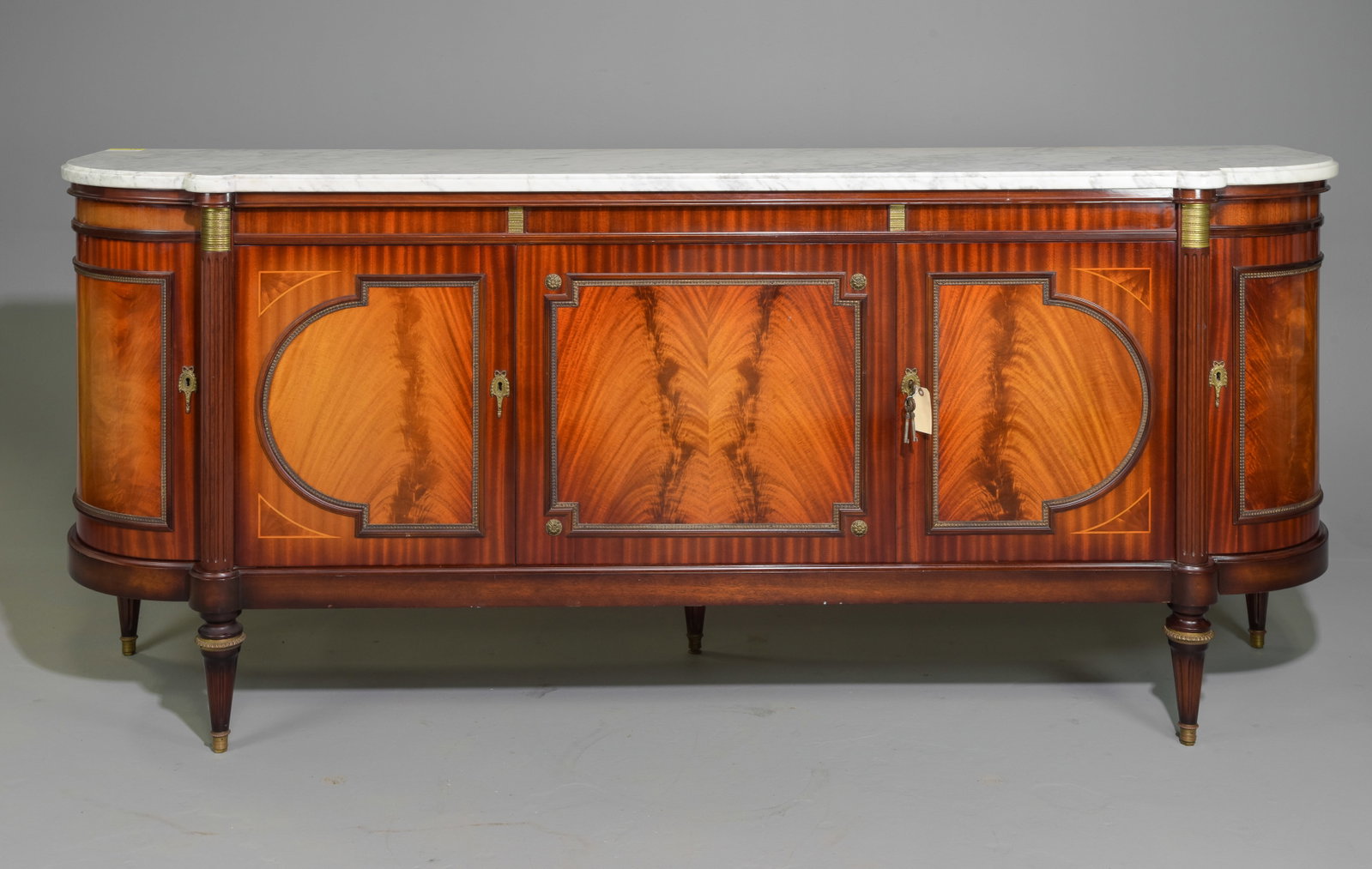 Louis XVI Style White Marble Top Curved Sideboard: French Louis XVI Style Mahogany White Marble Top Curved Sideboard / Enfilade - 40 inches tall x 92.5 x 22.5
