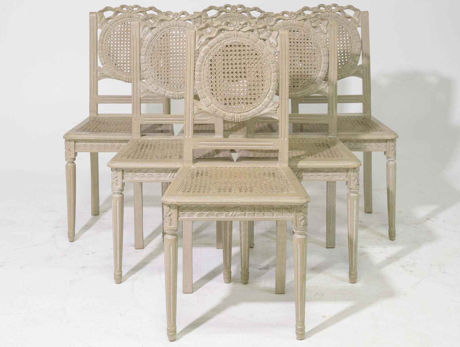 Set Of 6 Louis XVI Style Painted Dining Chairs: Set Of 6 French Louis XVI Style Painted Caned Dining Chairs - 40 inches tall x 19 x 18, seat height is 19 inches