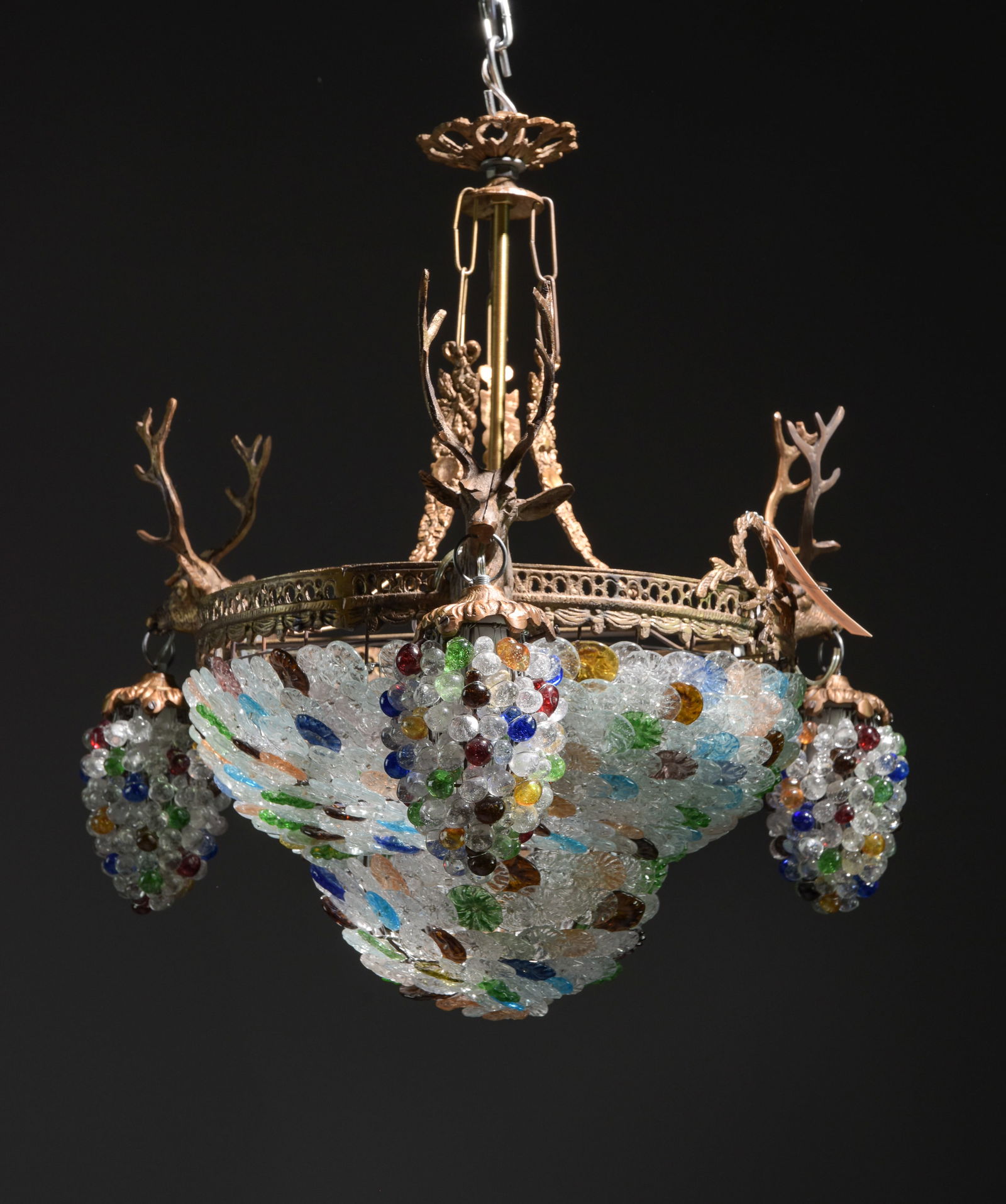 Empire Style Color Glass & Stag Head Chandelier #1: Empire Style Multi Color Glass & Stag Head Chandelier - 21 in tall x 18 x 18