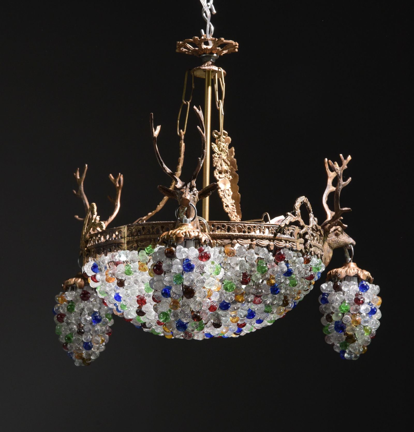 Empire Style Color Glass & Stag Head Chandelier #3: Empire Style Multi Color Glass & Stag Head Chandelier - 18 in tall x 20 x 20