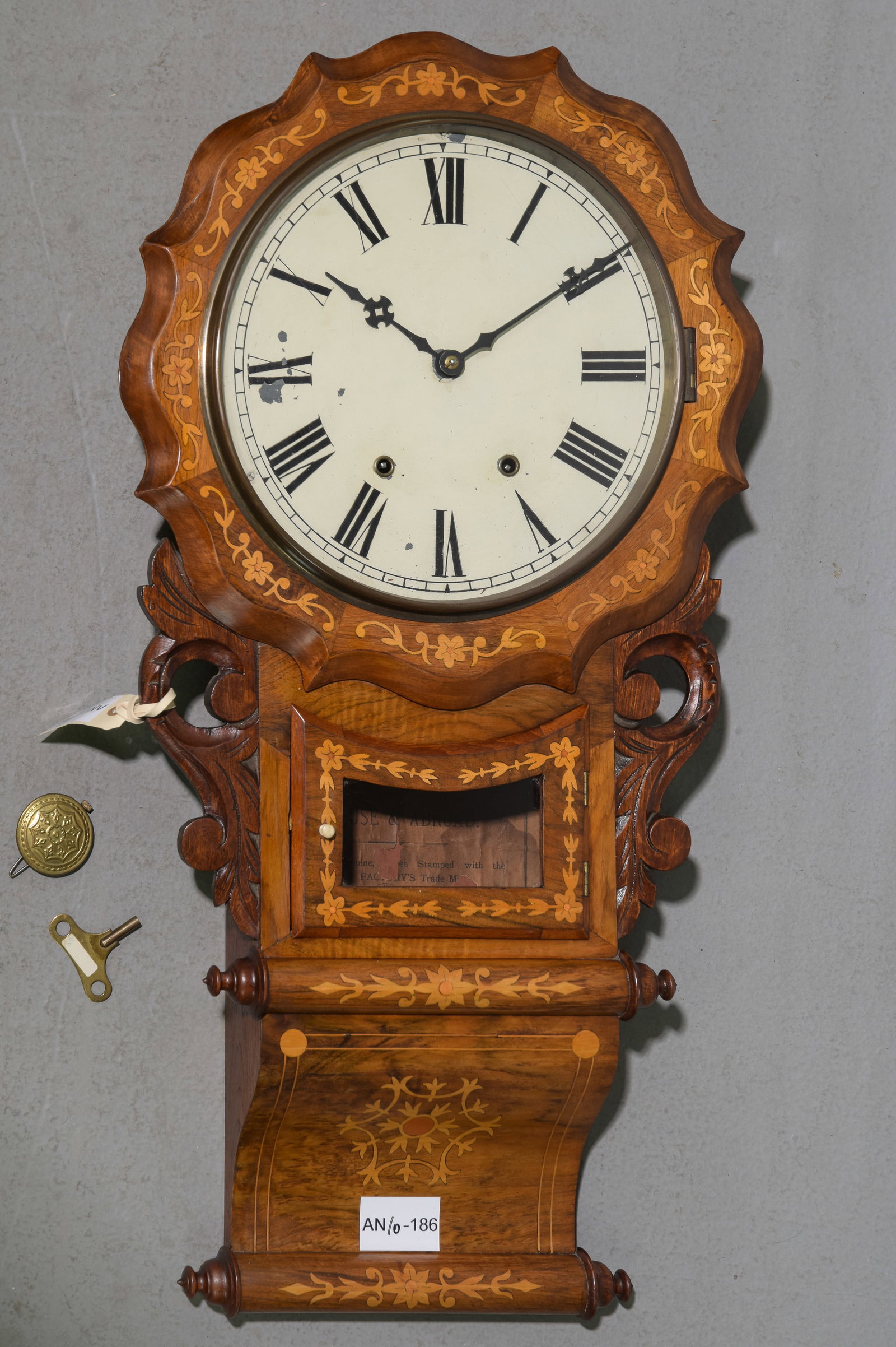 Danish Marquetry Inlaid Walnut Wall Clock: Danish Marquetry Inlaid Walnut Wall Clock - 32 in tall x 17.5 x 4