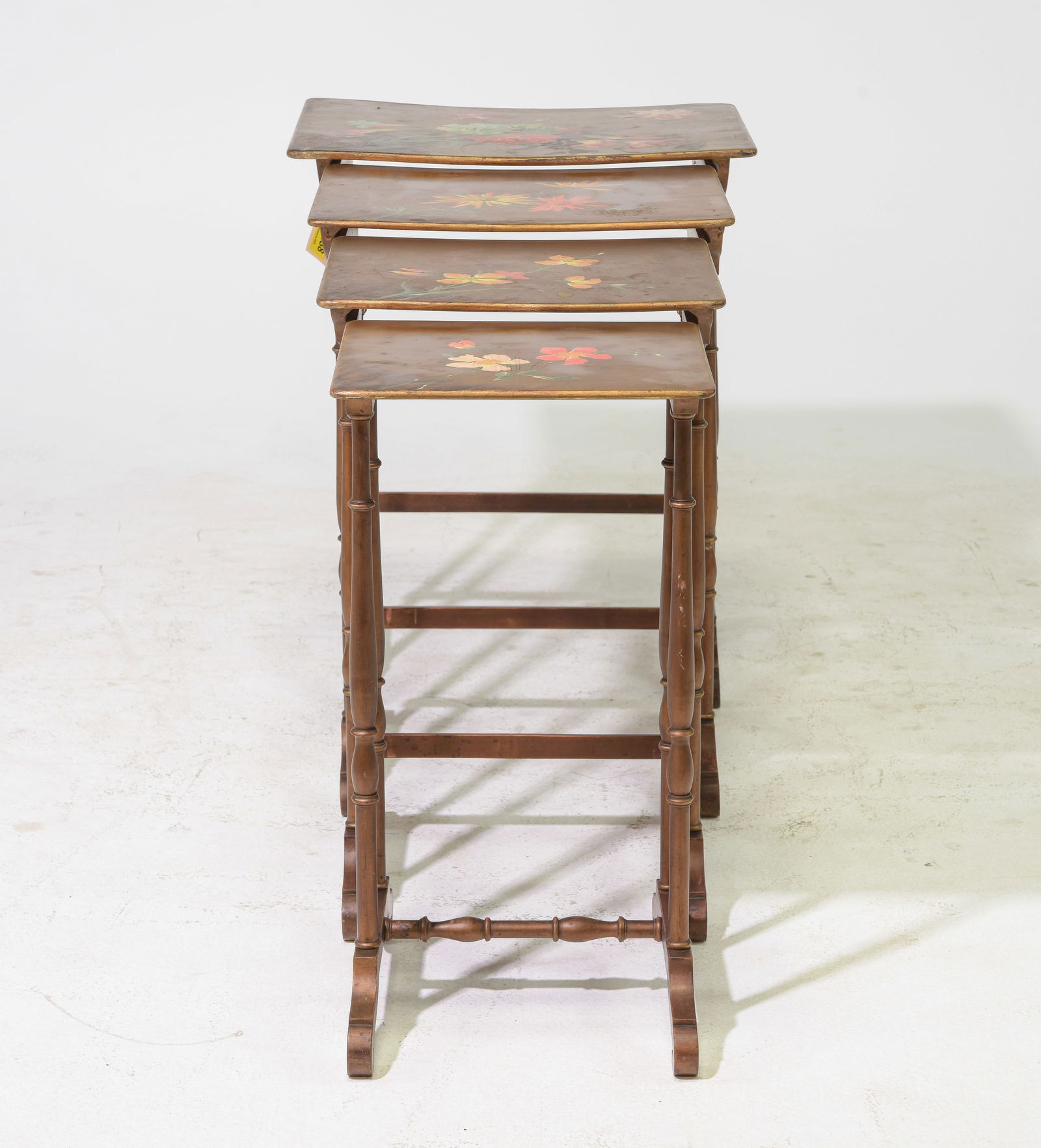 French Painted Nest of 4 Tables: French Painted Nest of 4 Tables - 28.25 in tall x 22 x 16, 27.5 in tall x 18.25 x 14.5, 26.5 in tall x 15.75 x 13 and 26 in tall x 13.5 x 11.5