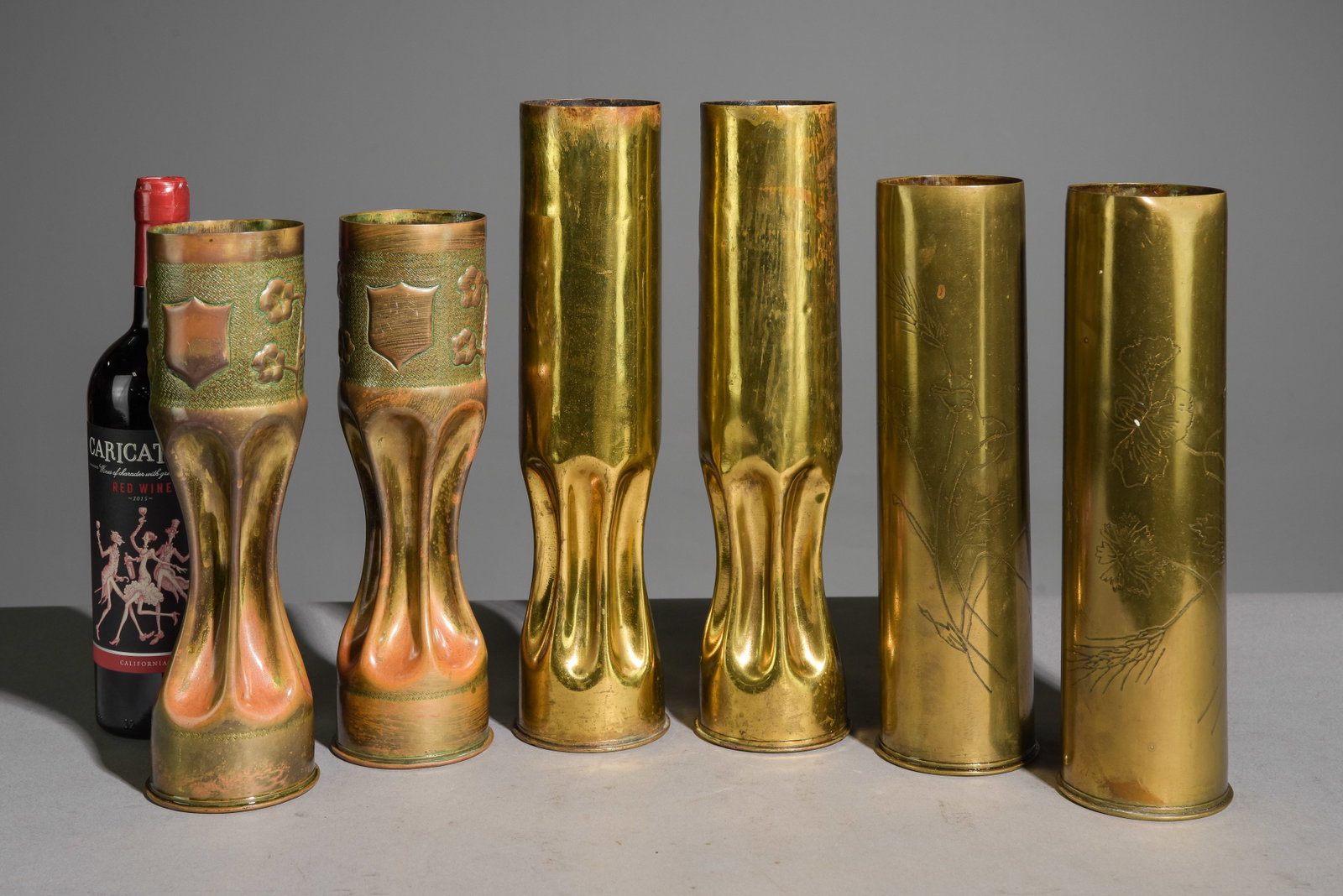 6 Trench Art Vases: 6 Trench Art Vases - Largest is 14 in tall x 3 inch diameter