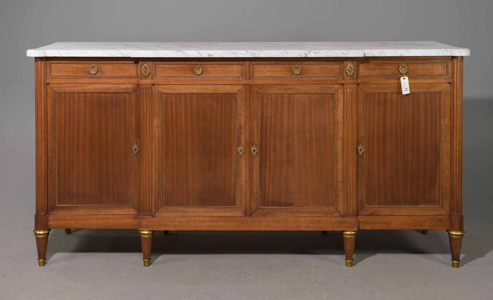 Louis XVI Style White Marble Top Sideboard: French Louis XVI Style White Marble Top Mahogany Sideboard / Enfilade with Beaded Trim c.1930's-40's - 40.5 in tall x 81 x 22.5 - This is 6.75 feet long