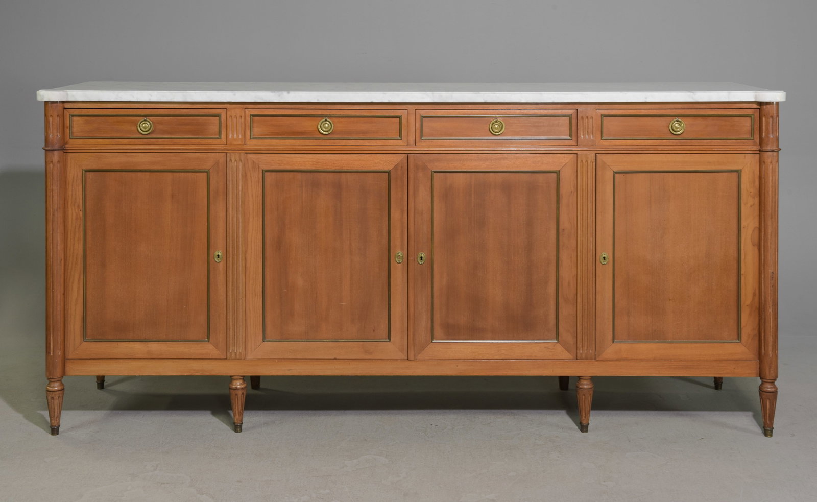 Louis XVI Style White Marble Top Sideboard: French Louis XVI Style White Marble Top Sideboard / Enfilade - 41.5 in tall x 88.5 x 20