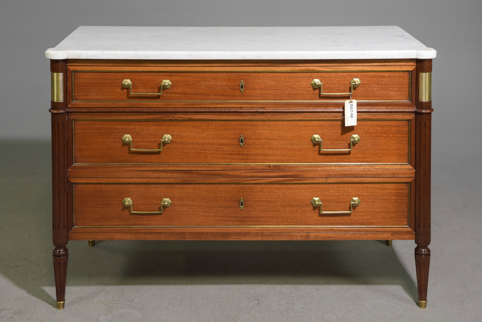 Louis XVI Style White Marble Top Chest: French Louis XVI Style White Marble Top Chest with Brass Finish Trimming c.1930's-40's - 32.5 in tall x 47 x 20.5
