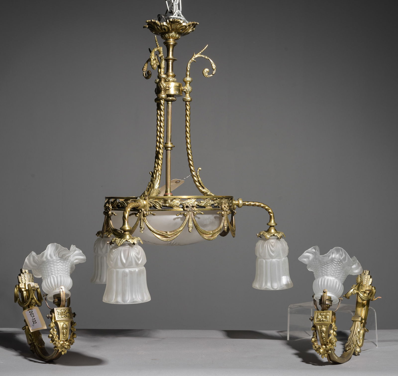 French Gilded Bronze Chandelier & 2 Sconces: French Gilded Bronze Chandelier & 2 Sconces - Chandelier is 26 in tall x 22 x 22