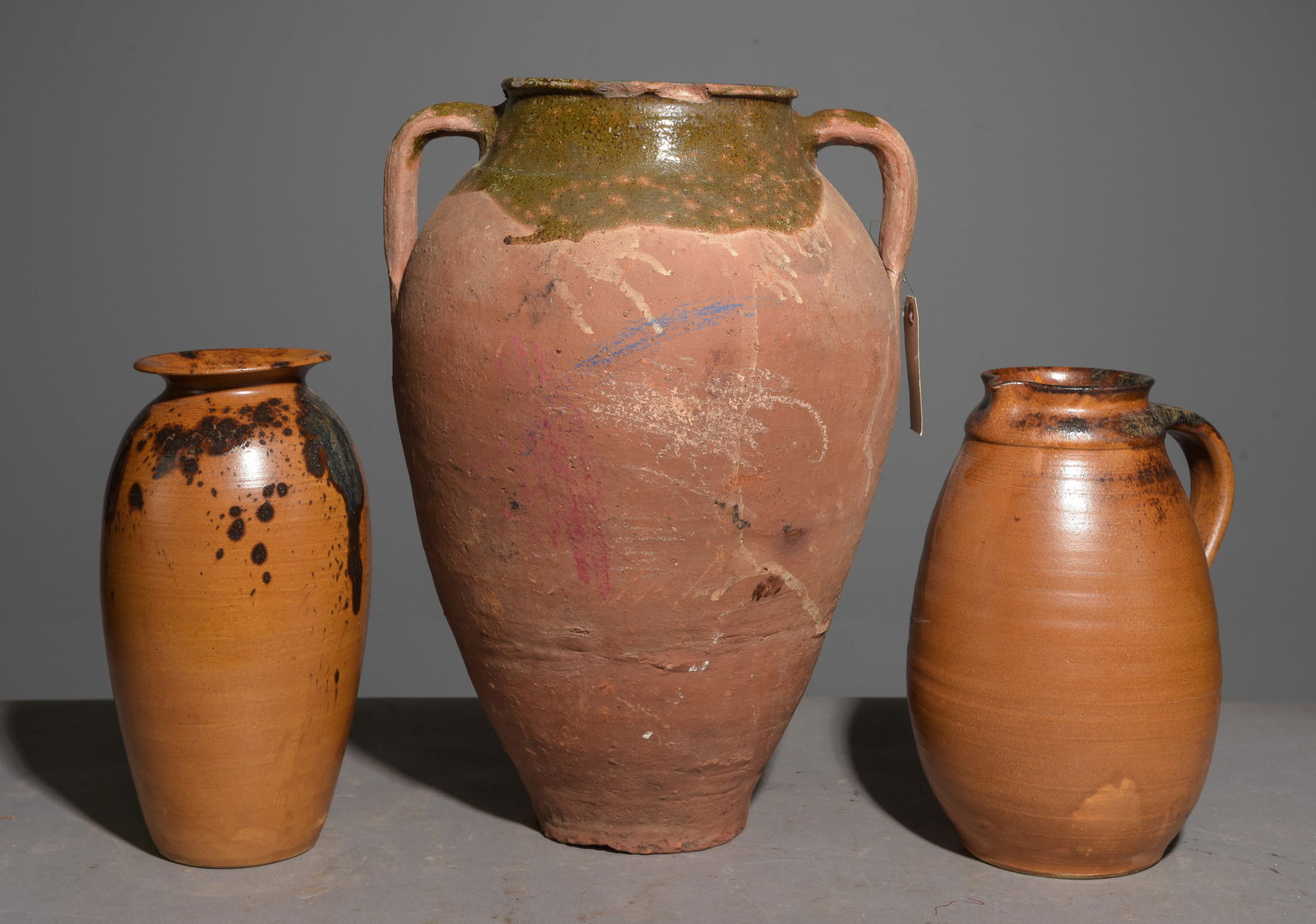 French Large Green Glazed Pot & 2 Smaller Vases (1 of 6)