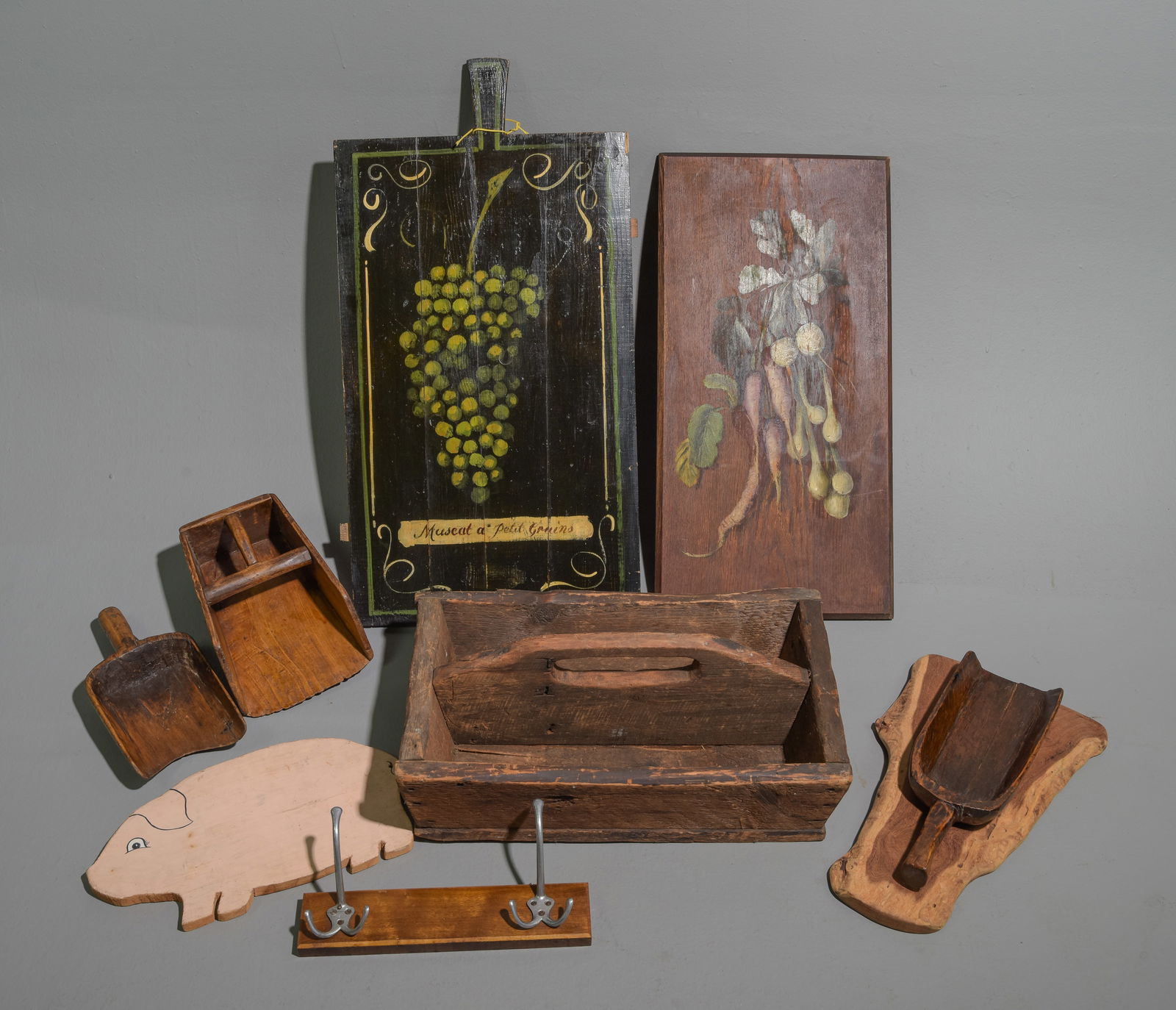 9pcs Antique Wooden Tools, Divided Carrier, ETC (1 of 4)