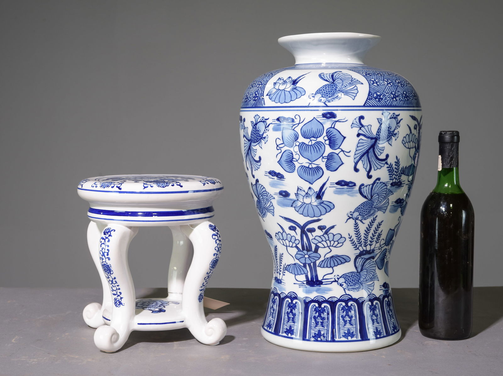 Asian Style Blue & White Vase & Stand (1 of 5)